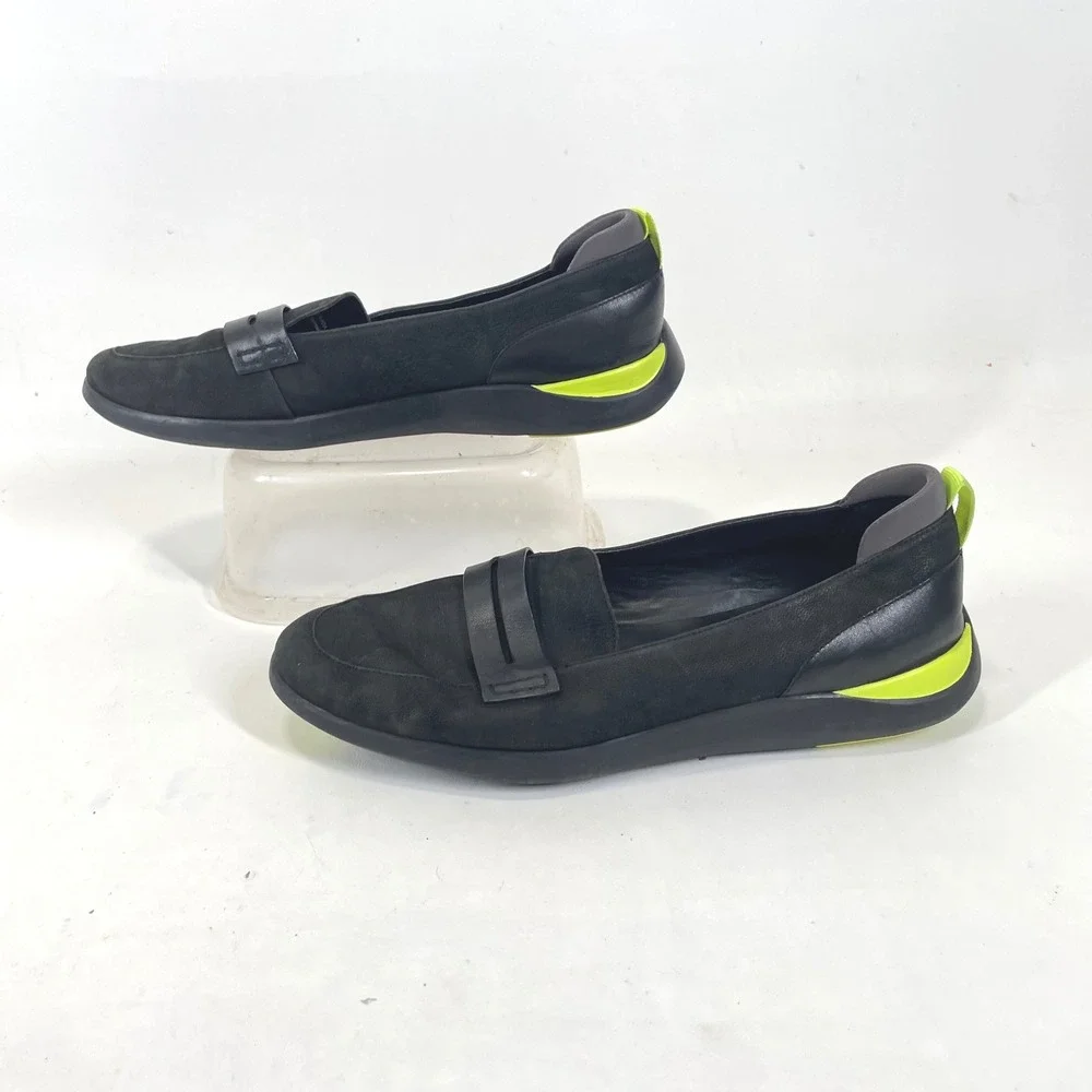 Cole Haan Grand W20962 Black Leather Suede Neon Yellow Penny Loafers Womens 9B